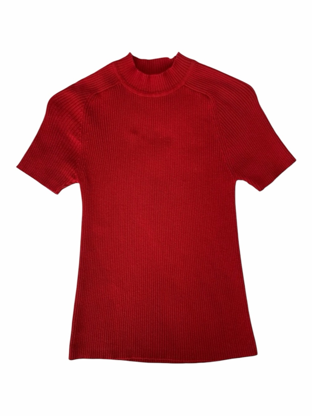 VTG 90s Limited America Knit Top Women M Cherry Red Ribbed Mockneck Short Sleeve